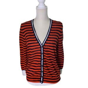 J. Crew Striped 3/4 Sleeve Knit Cardigan Women's L Tomato Red Navy Blue White